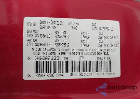 2006 Dodge Durango Slt from USA, damaged, VIN 1D4HB48N76F168828